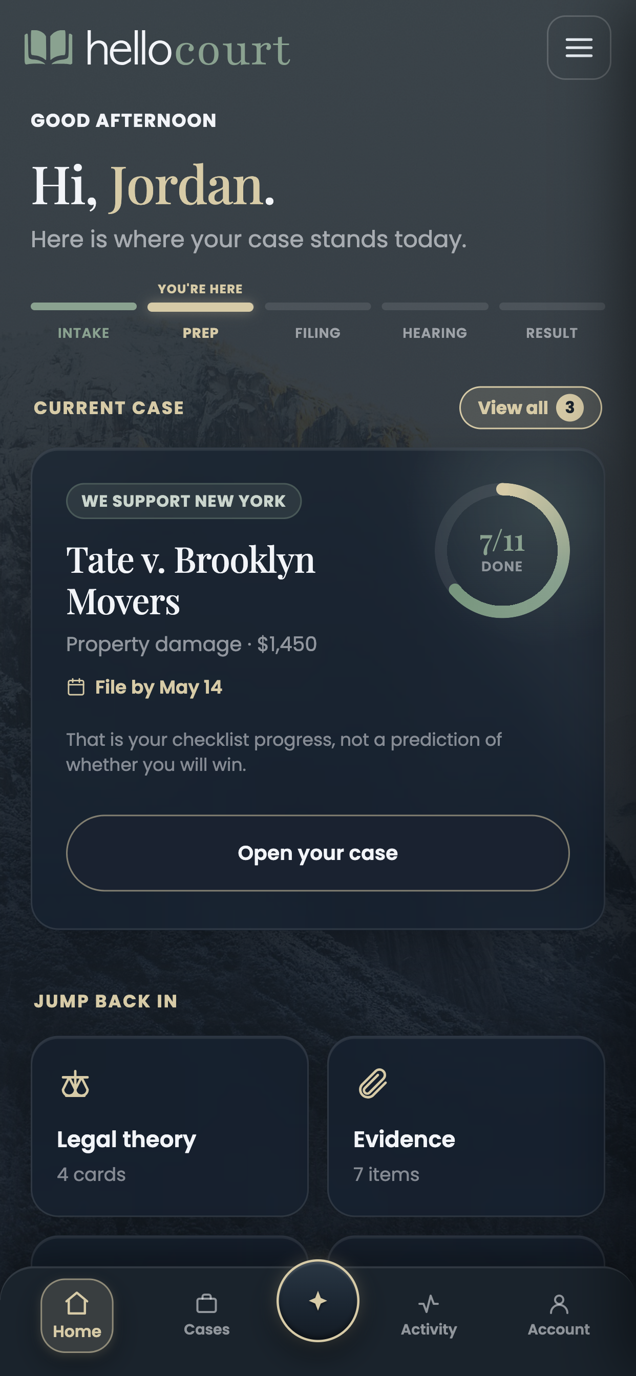 Hello Court on mobile: the case home with progress ring, stage tracker, checklist progress, and bottom tab bar.